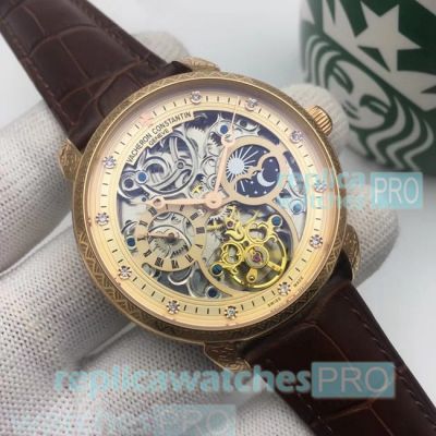 High Quality Clone Vacheron Constantin Patrimony Yellow Dial Brown Leather Strap Watch